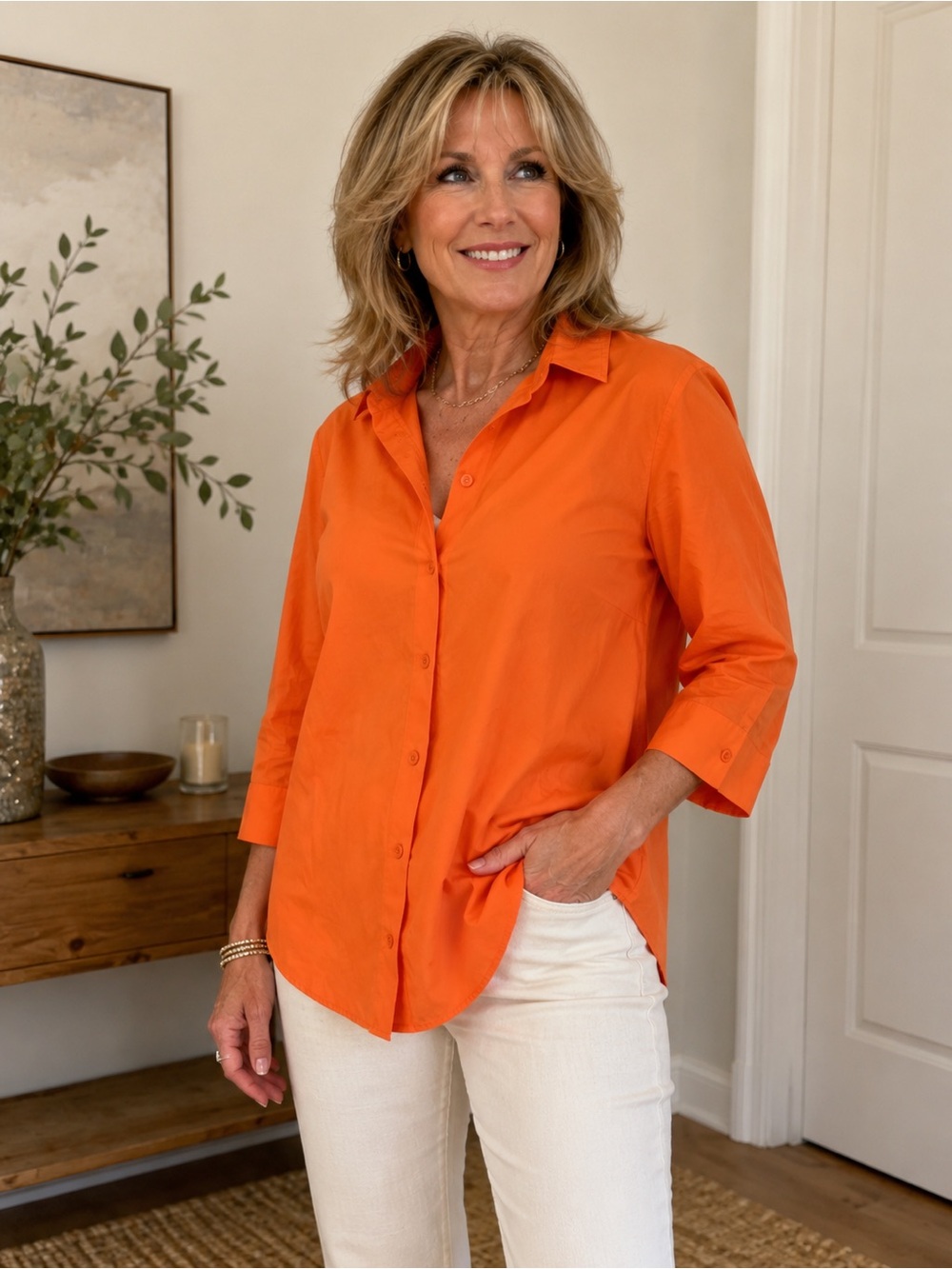 Chico’s No-Iron Orange Button Front Shirt Size 2 (US Large 12/14) 3/4 Sleeve